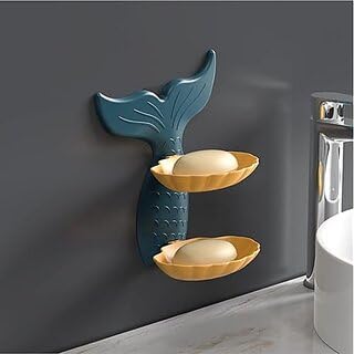 Mermaid Fish Shape Soap Dish Holder | Double Layer Soap Draining Tray | Wall-Mounted Soap Bar Box