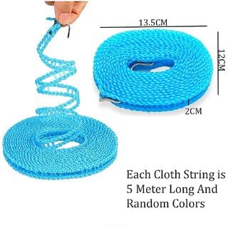 REVOLT RISE 5 Meters Windproof Anti-Slip Clothes Washing Line Drying Nylon Rope with Hooks 2pc